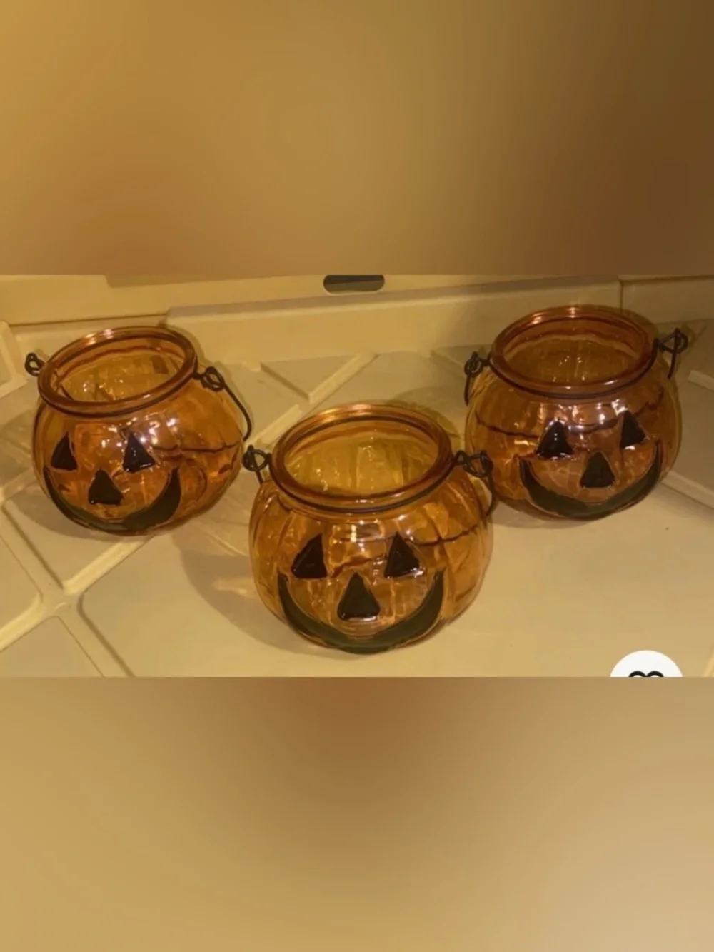 Halloween Orange Pumpkin Glass Jack-o-Lantern Candle Holder w/ Handle Set of 3